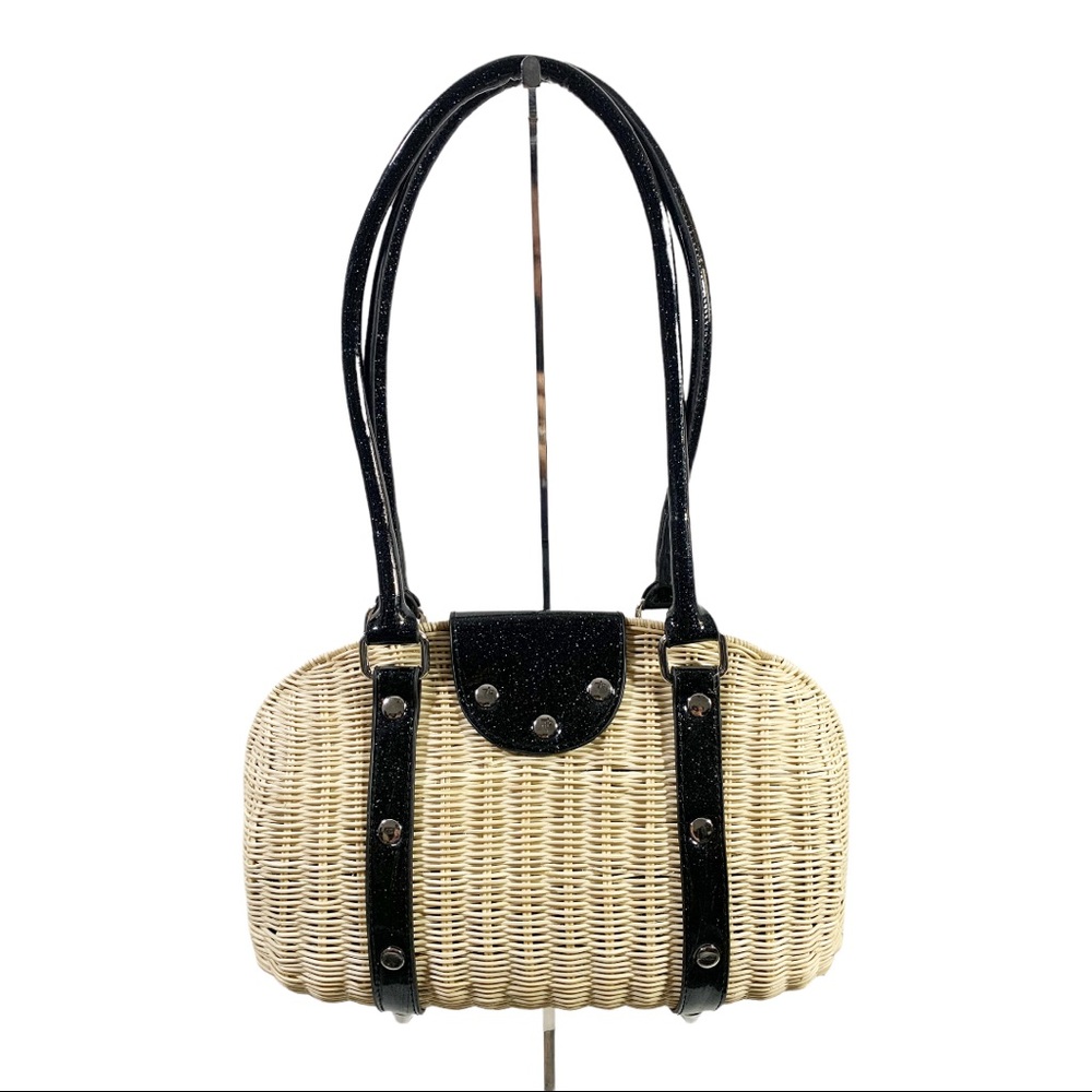 Lux De Ville Purse Romeo Handbag Tote Natural Straw and Sparkle Jet Black - Picture 2 of 5